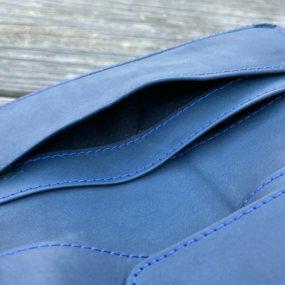 Leather Wallet Bi Fold Blue Card Holder Unisex Purse Handmade Genuine Leather - Picture 10 of 12